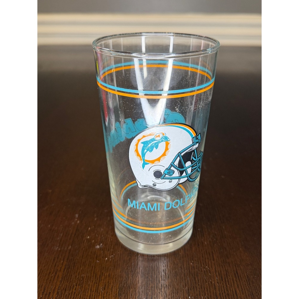 Vintage Miami Dolphins NFL Drinking Glass Helmet Logo Aqua Orange Tumbler